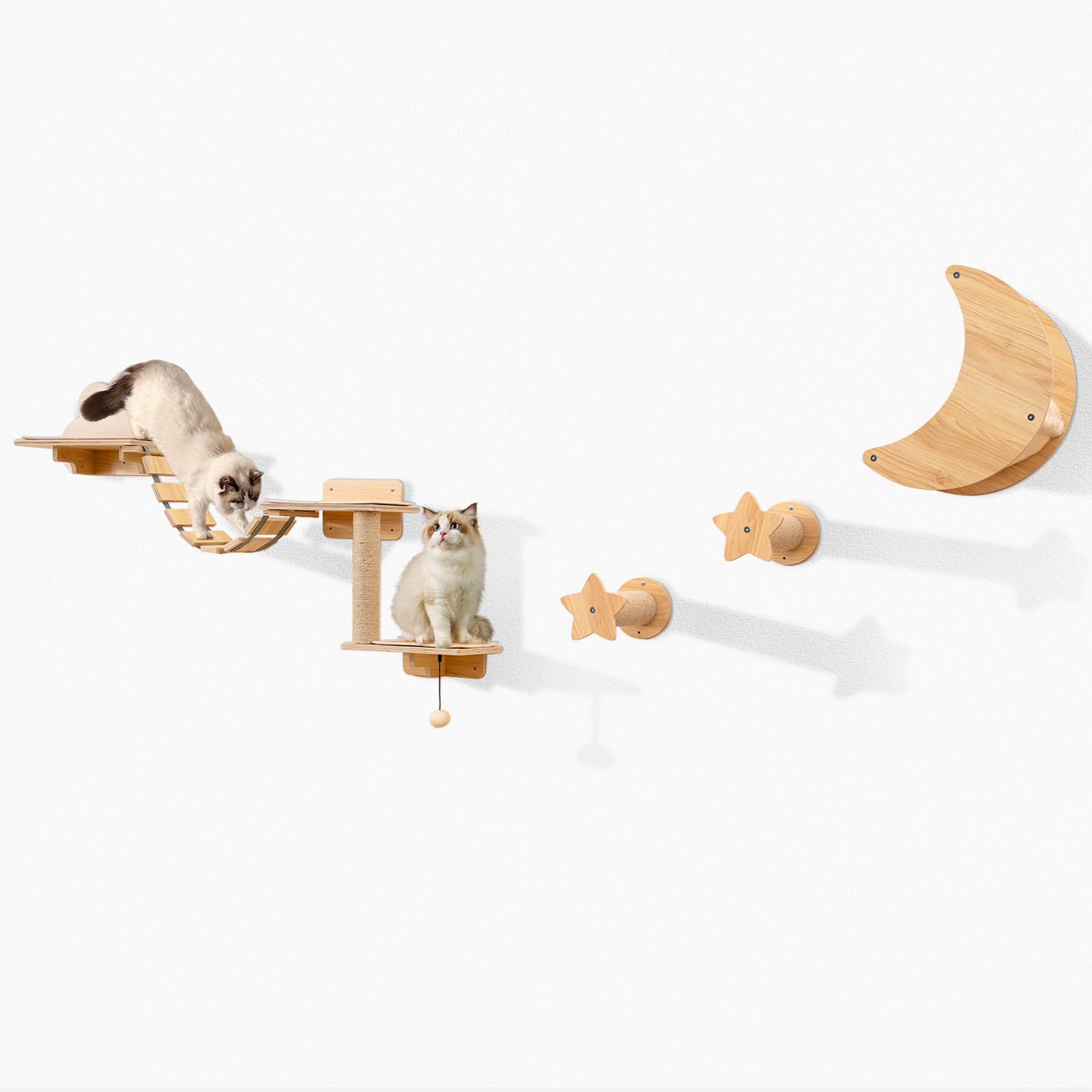 Tangkula Cat Wall Shelves | 6 Pieces Wooden Wall Mounted Kitten Furniture Set with Hammock